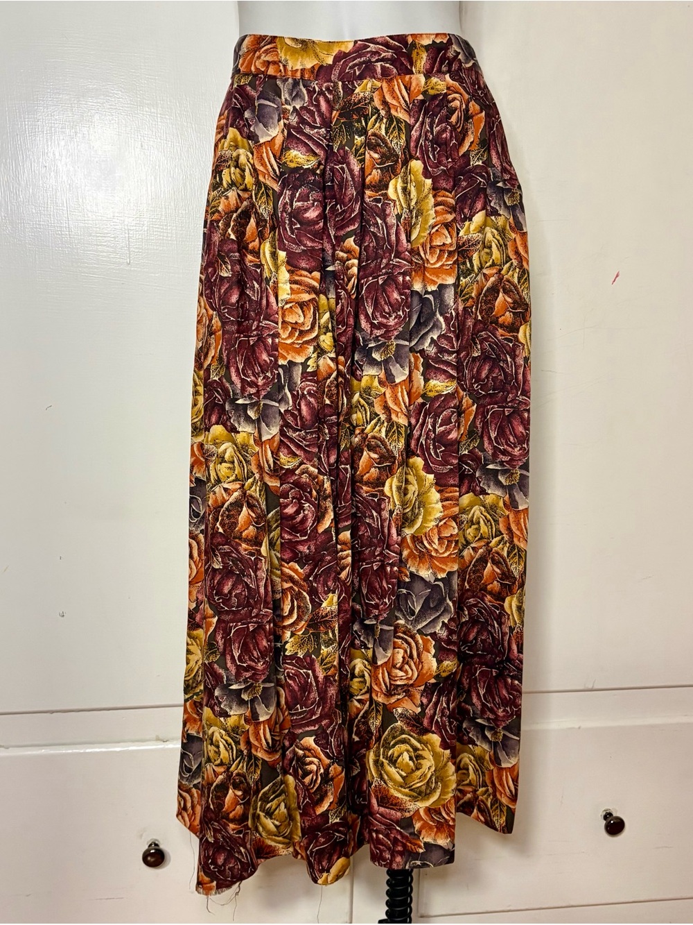 Vintage 90s Rayon Warm Tone Rose Print Wide Leg Pants